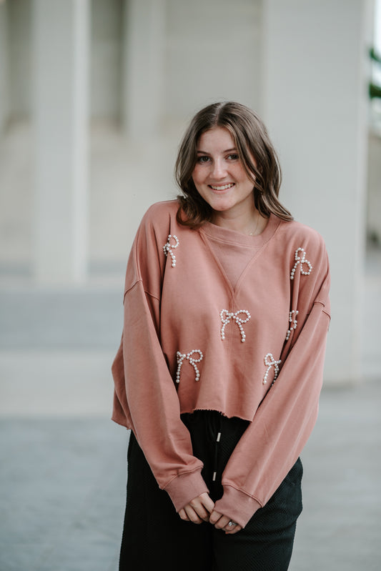 Pearl Bow Embellished Cropped Sweatshirt