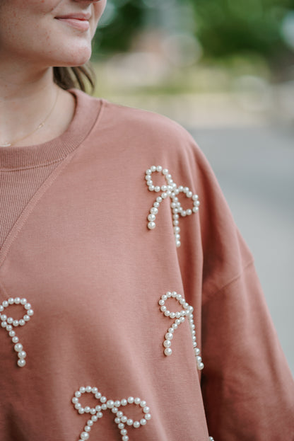 Pearl Bow Embellished Cropped Sweatshirt